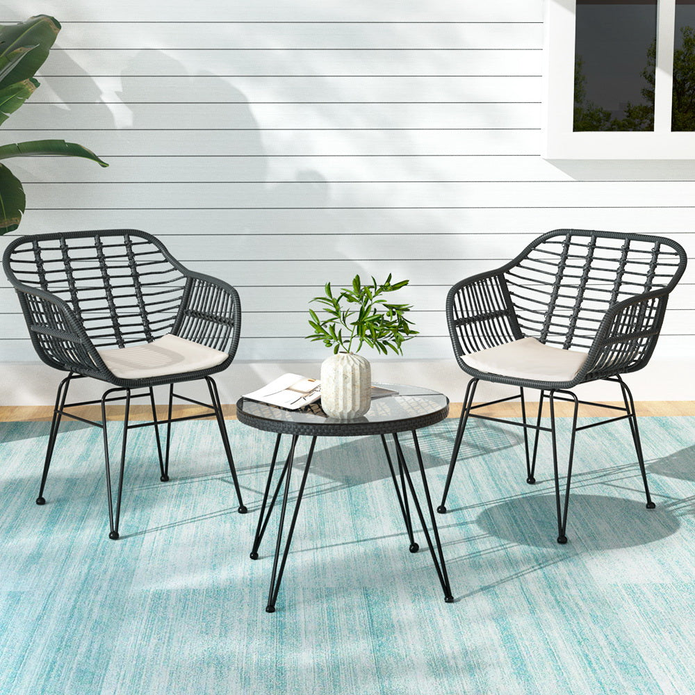 Gardeon 3PC Outdoor Furniture Bistro Set Lounge Setting Table Chairs Cushion Patio Grey-Outdoor Bistro Sets-PEROZ Accessories