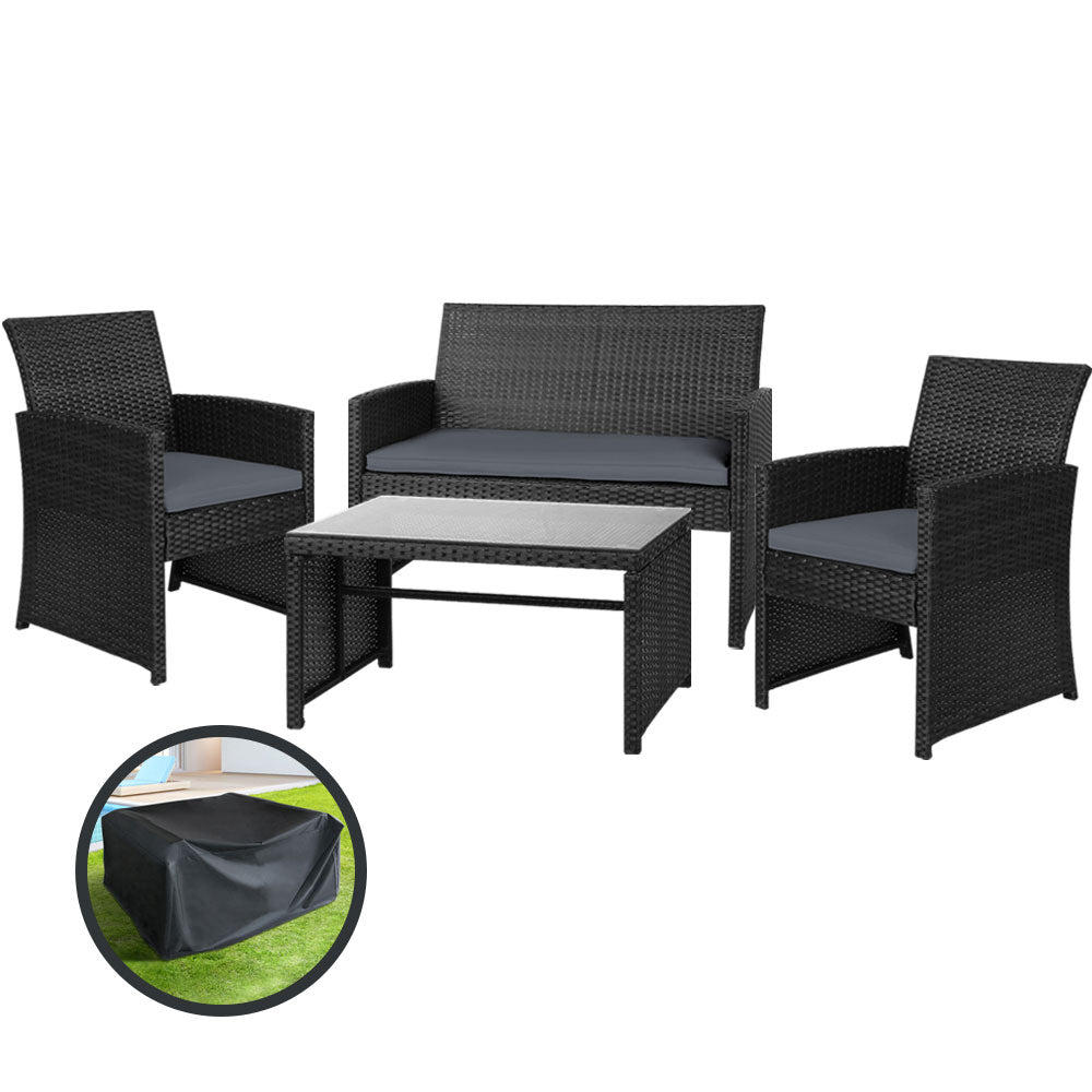 Gardeon 4 PCS Outdoor Sofa Set with Storage Cover Rattan Chair Furniture Black-Outdoor Furniture Sets-PEROZ Accessories