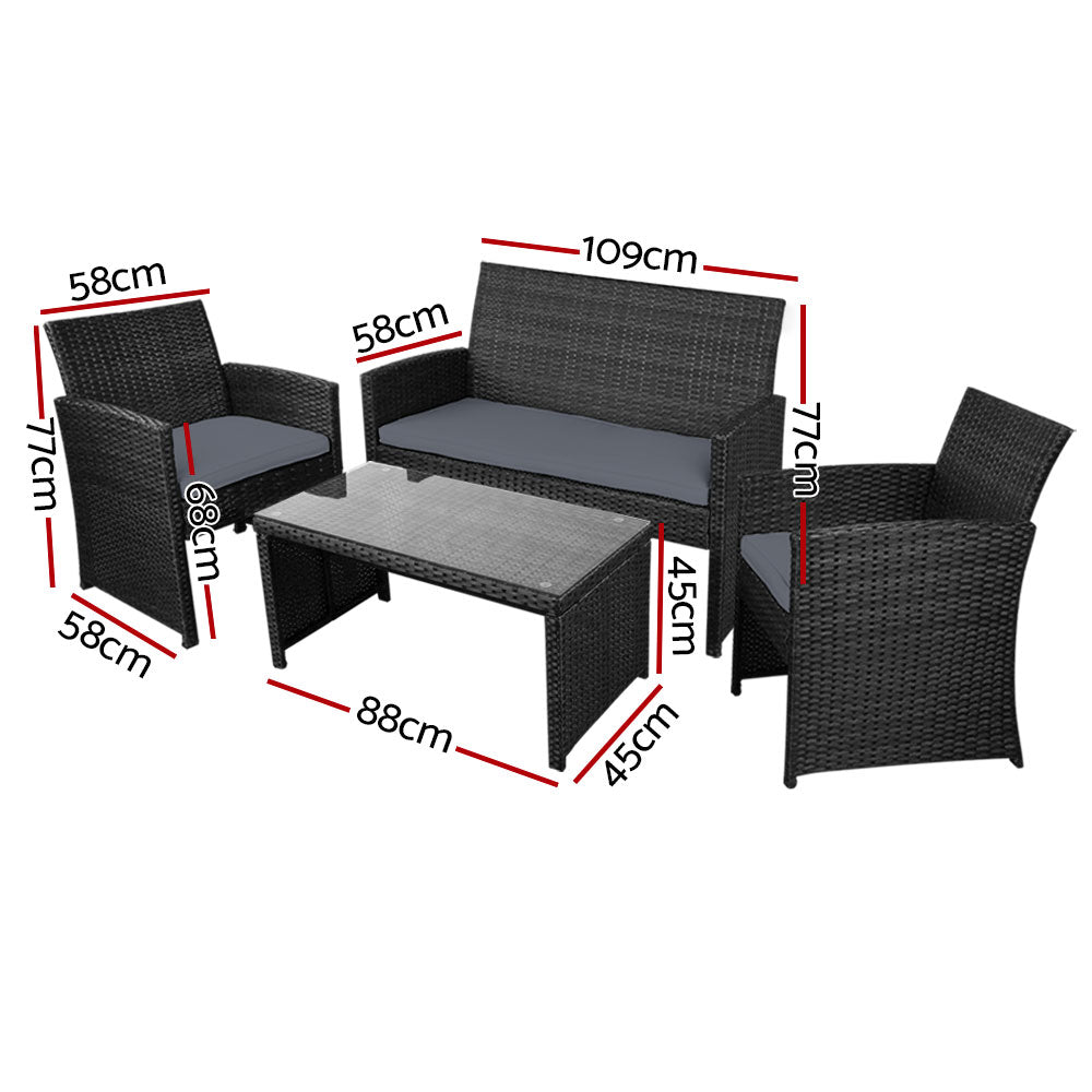 Gardeon 4 PCS Outdoor Sofa Set with Storage Cover Rattan Chair Furniture Black-Outdoor Furniture Sets-PEROZ Accessories