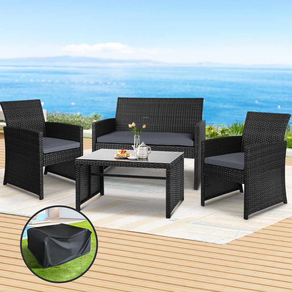 Gardeon 4 PCS Outdoor Sofa Set with Storage Cover Rattan Chair Furniture Black-Outdoor Furniture Sets-PEROZ Accessories