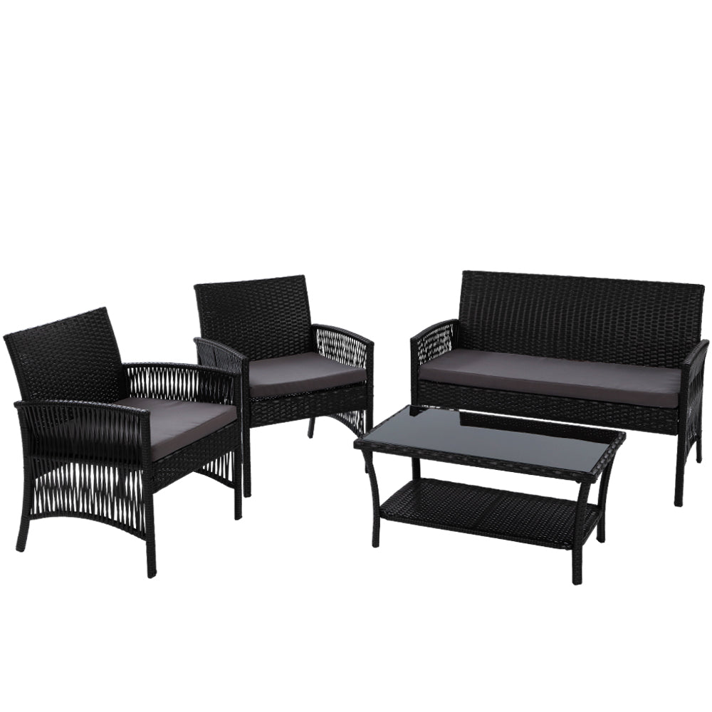 Gardeon 4PCS Outdoor Sofa Set Wicker Harp Chair Table Garden Furniture Black-Outdoor Furniture Sets-PEROZ Accessories