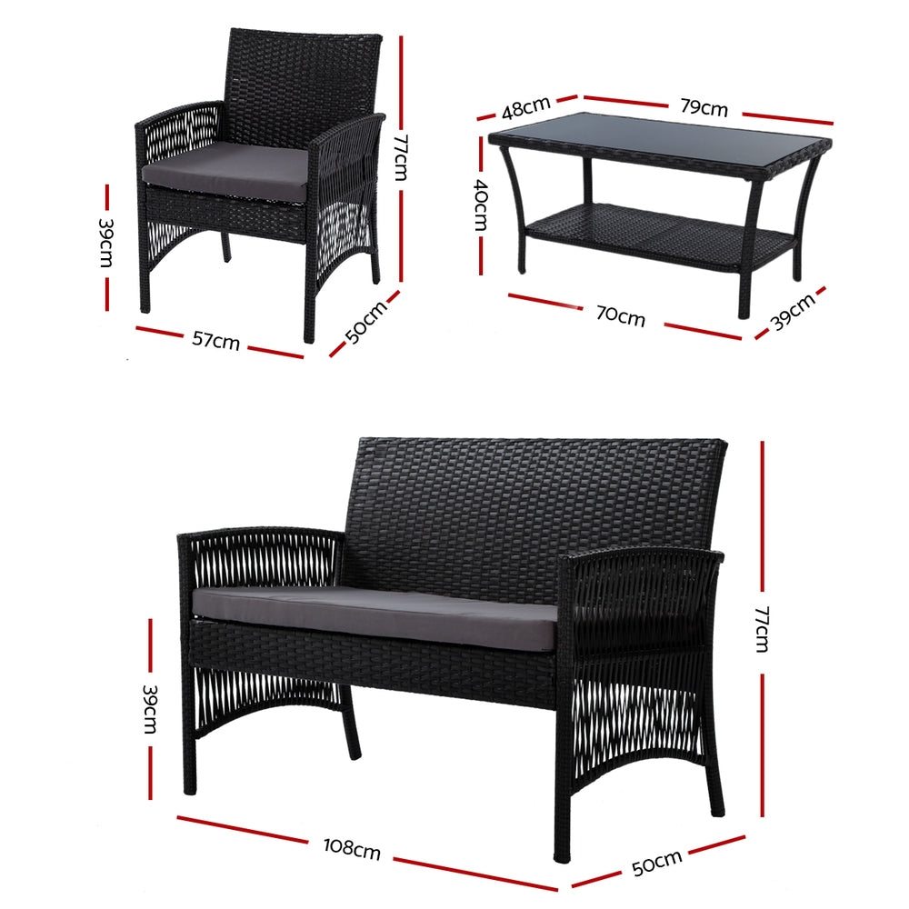 Gardeon 4PCS Outdoor Sofa Set Wicker Harp Chair Table Garden Furniture Black-Outdoor Furniture Sets-PEROZ Accessories