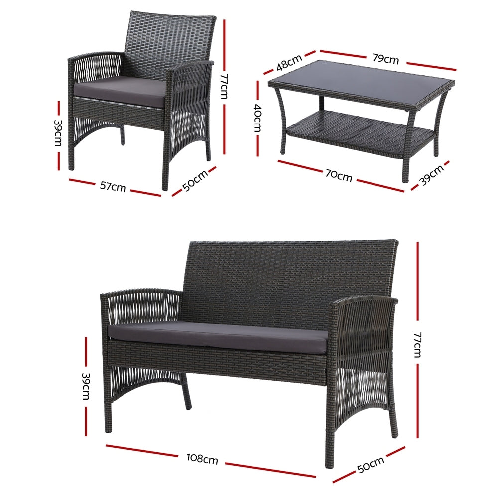 Gardeon 4PCS Outdoor Sofa Set Wicker Harp Chair Table Garden Furniture Grey-Outdoor Furniture Sets-PEROZ Accessories