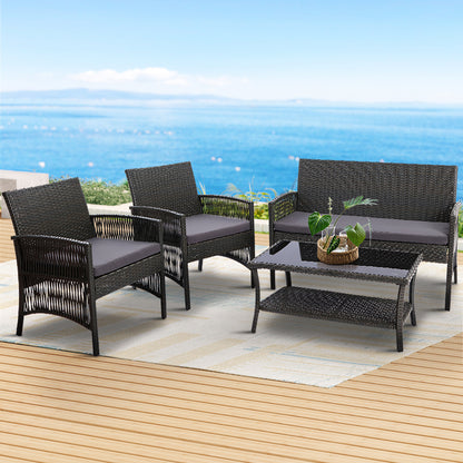 Gardeon 4PCS Outdoor Sofa Set Wicker Harp Chair Table Garden Furniture Grey-Outdoor Furniture Sets-PEROZ Accessories