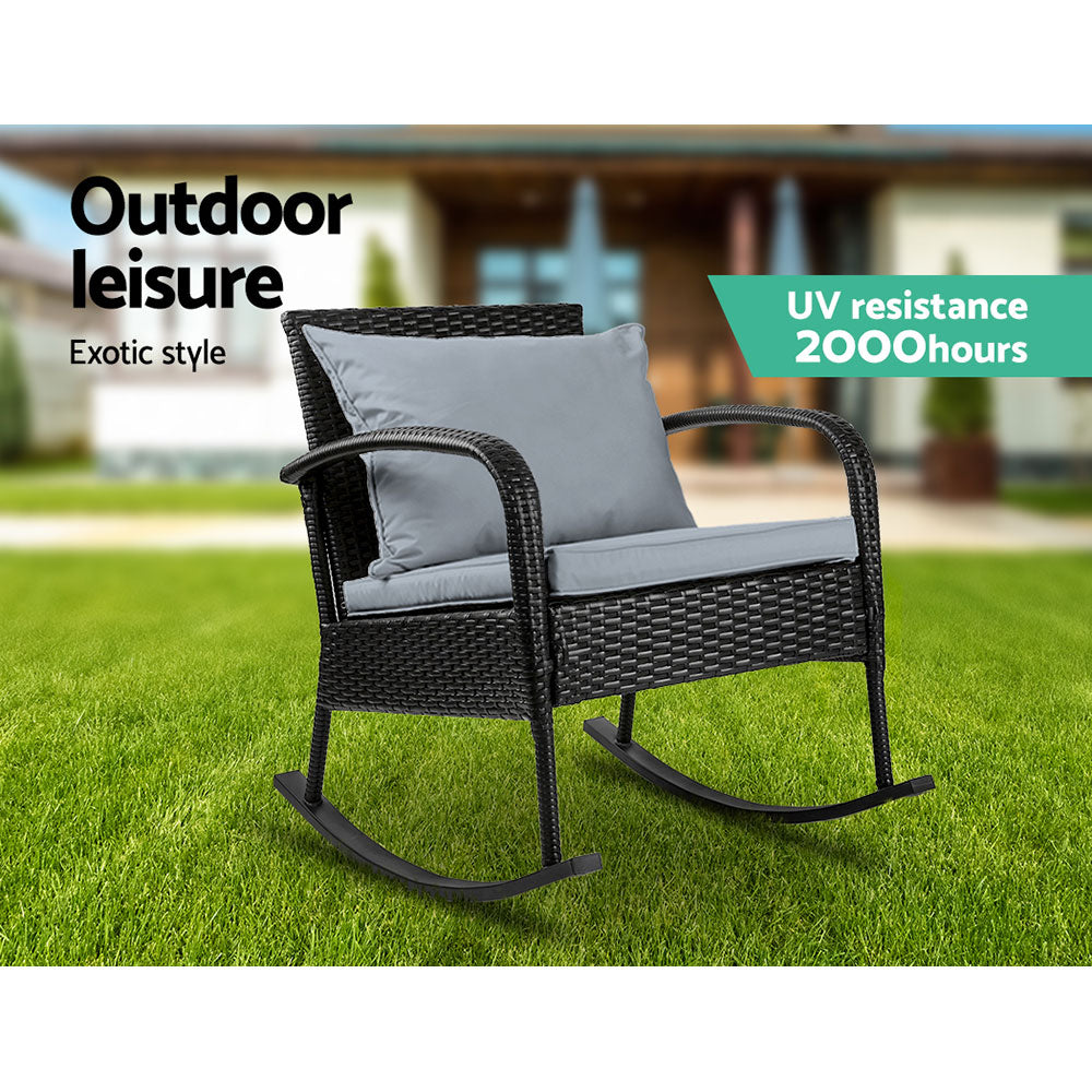 Gardeon Outdoor Furniture Rocking Chair Wicker Garden Patio Lounge Setting Black-Outdoor Rocking Chairs-PEROZ Accessories