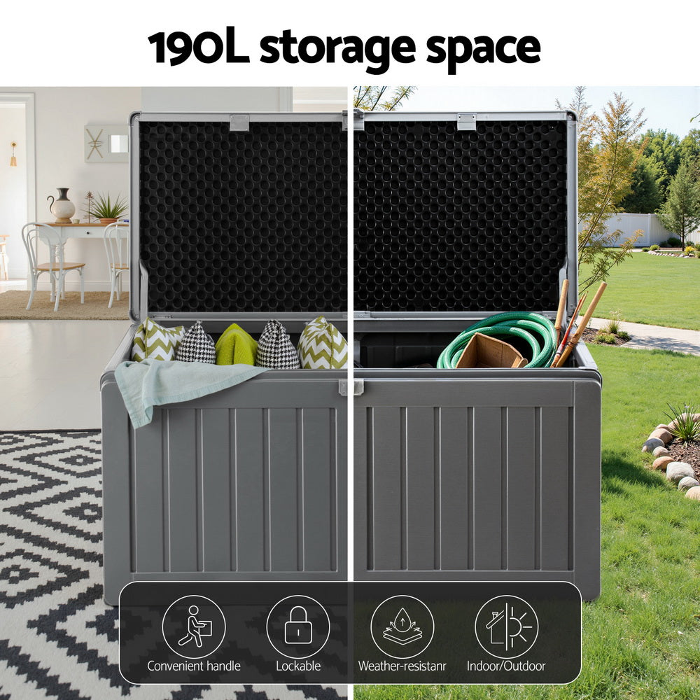 Gardeon Outdoor Storage Box 190L Container Lockable Garden Bench Tool Shed Black-Outdoor Storage Boxes-PEROZ Accessories