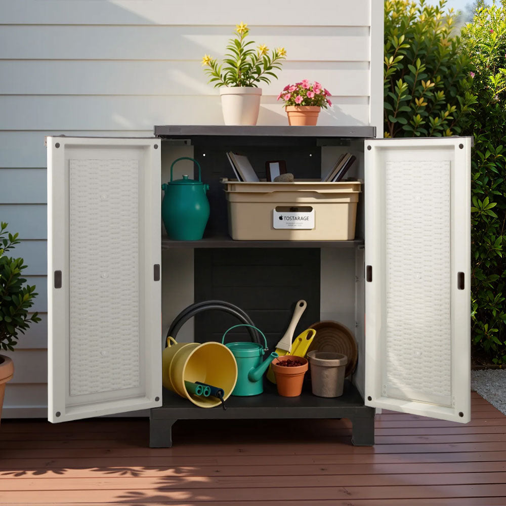 Gardeon Outdoor Storage Cabinet Box 92cm Lockable Cupboard Sheds Adjustable Rattan Beige-Outdoor Storage Cabinets-PEROZ Accessories