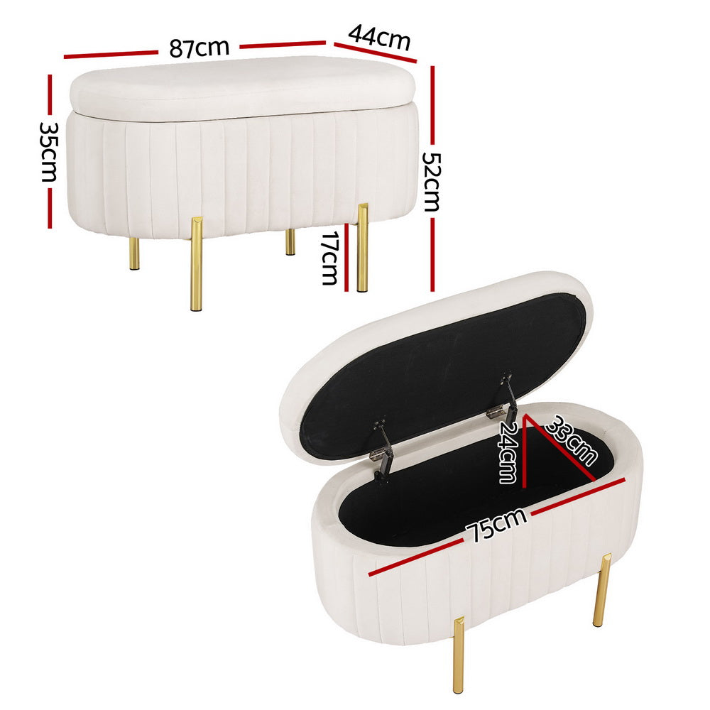 Artiss Storage Ottoman Blanket Box 87cm Velvet Oval White-Furniture &gt; Living Room-PEROZ Accessories