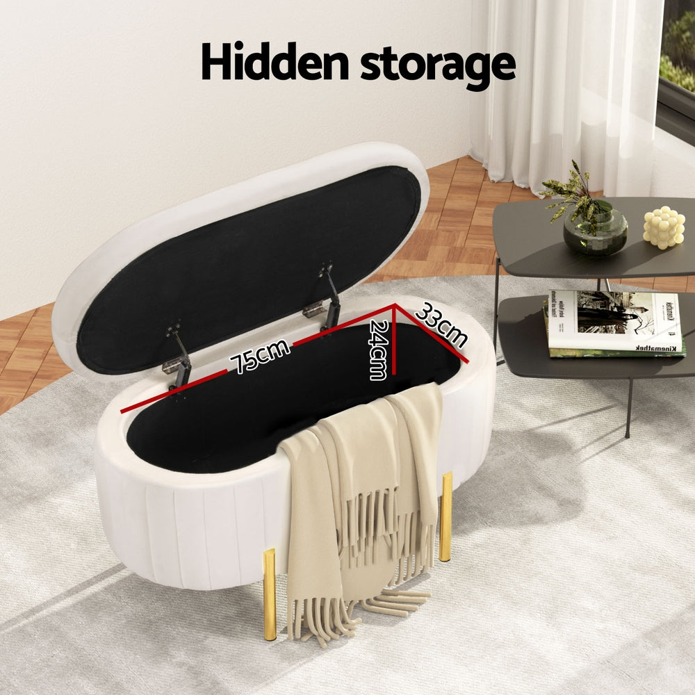 Artiss Storage Ottoman Blanket Box 87cm Velvet Oval White-Furniture &gt; Living Room-PEROZ Accessories