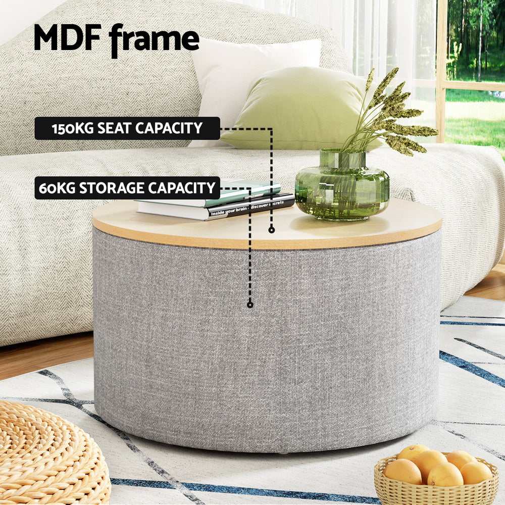 Artiss Storage Ottoman Blanket Box 60cm Linen Round Grey-Furniture &gt; Living Room-PEROZ Accessories