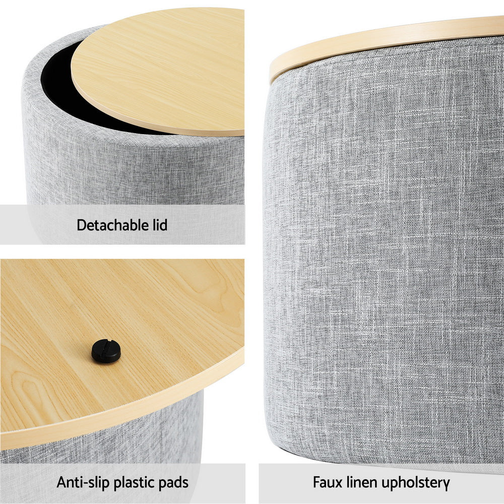 Artiss Storage Ottoman Blanket Box 60cm Linen Round Grey-Furniture &gt; Living Room-PEROZ Accessories