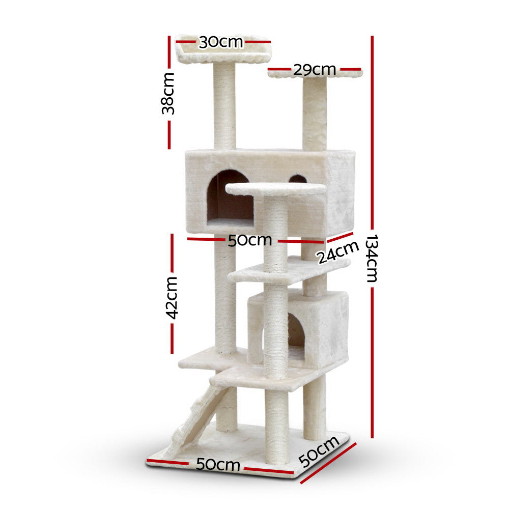 i.Pet Cat Tree 134cm Tower Scratching Post Scratcher Wood Condo House Bed Beige-Cat Trees-PEROZ Accessories