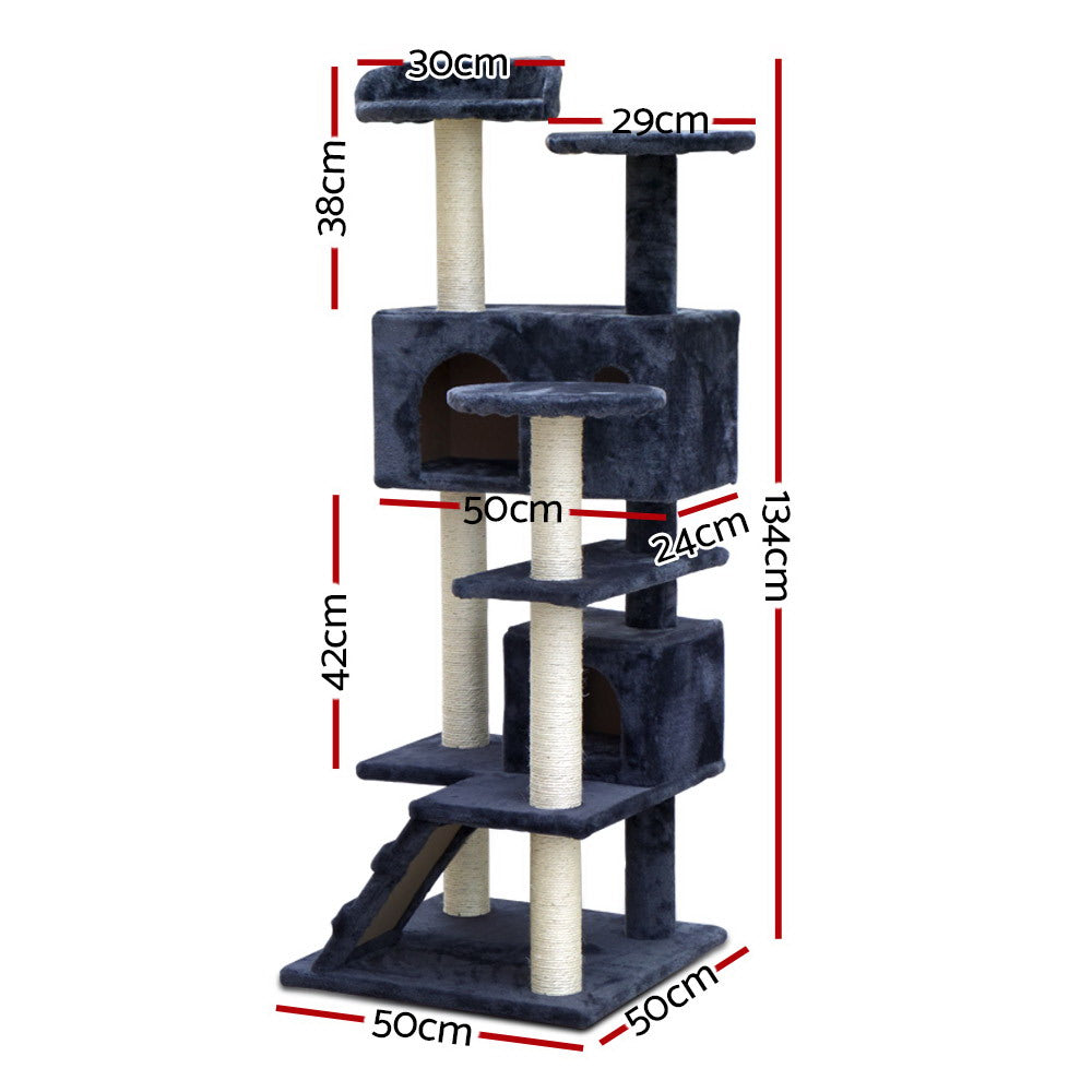 i.Pet Cat Tree 134cm Tower Scratching Post Scratcher Wood Condo House Bed Grey-Cat Trees-PEROZ Accessories