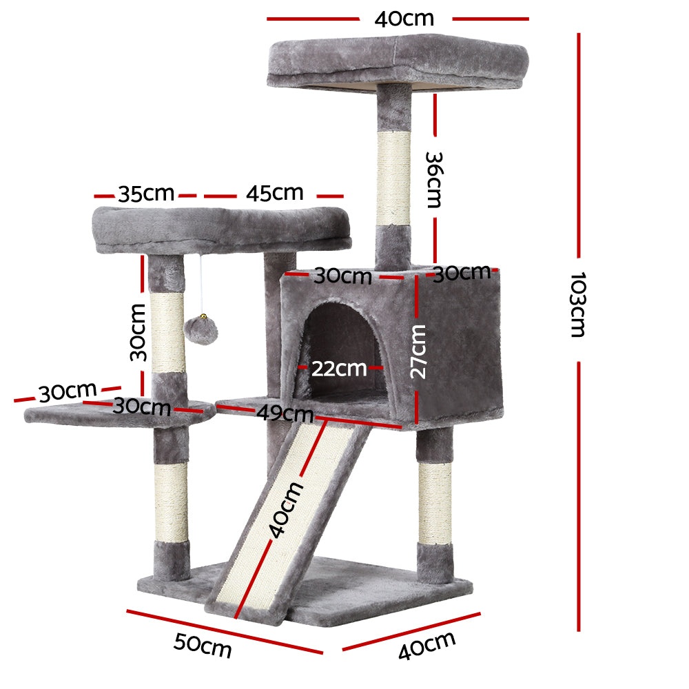 i.Pet Cat Tree 103cm Tower Scratching Post Scratcher Wood Condo House Trees Grey-Cat Trees-PEROZ Accessories