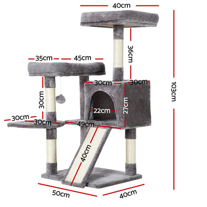 i.Pet Cat Tree 103cm Tower Scratching Post Scratcher Wood Condo House Trees Grey-Cat Trees-PEROZ Accessories