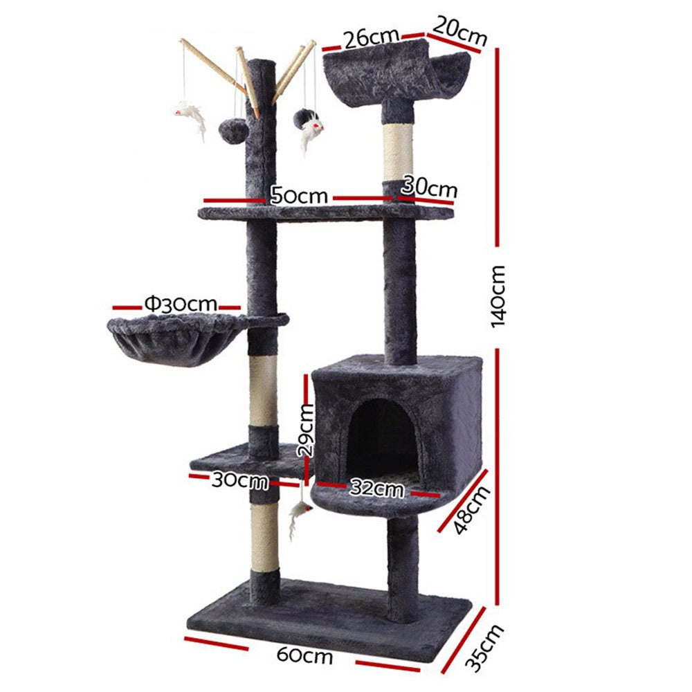 i.Pet Cat Tree 140cm Tower Scratching Post Scratcher Trees Toys Condo Bed Grey-Cat Trees-PEROZ Accessories