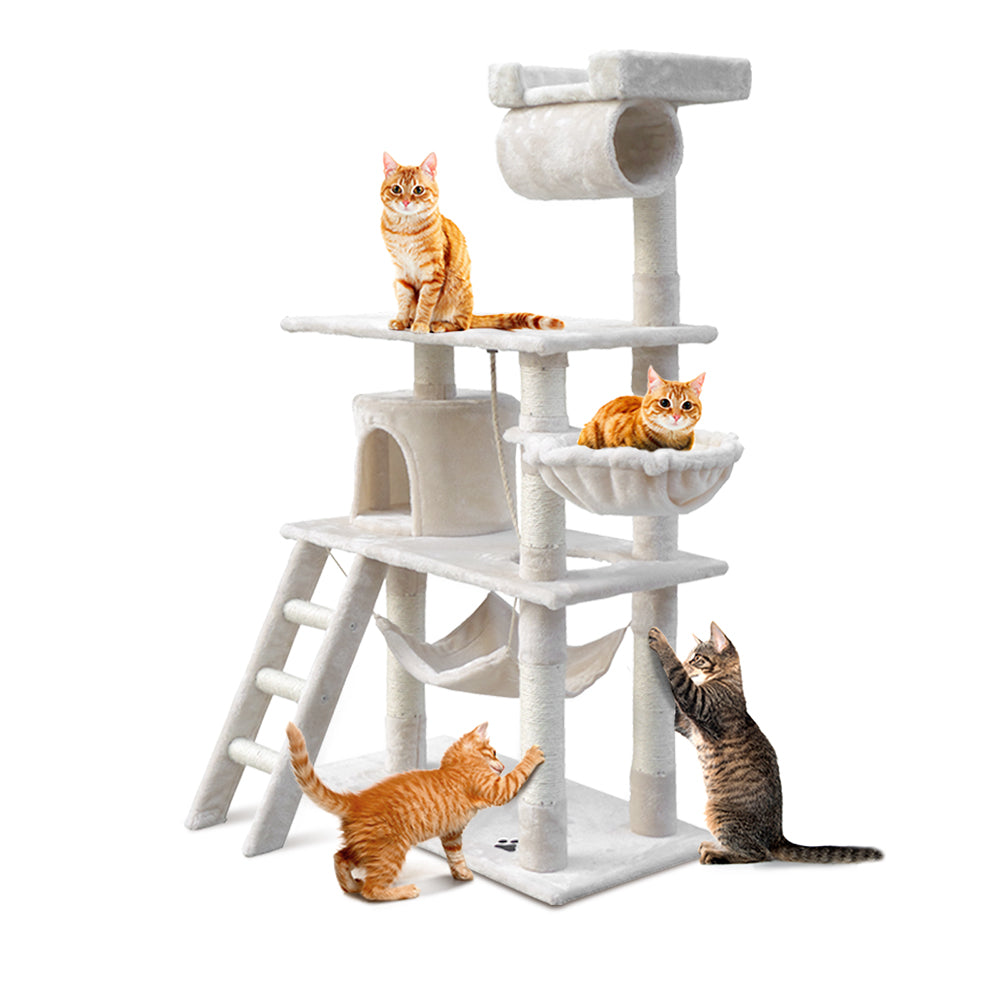 i.Pet Cat Tree 141cm Tower Scratching Post Scratcher Condo Wood House Bed Beige-Cat Trees-PEROZ Accessories