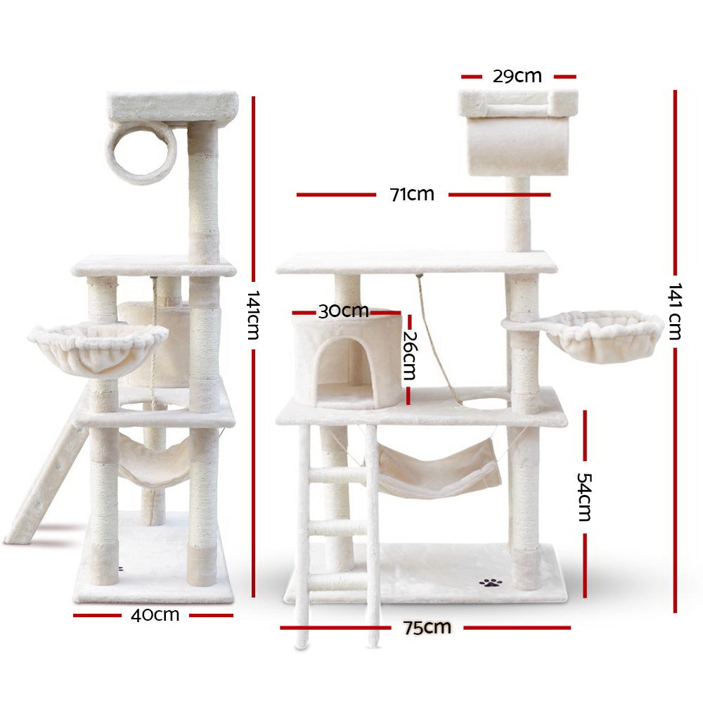 i.Pet Cat Tree 141cm Tower Scratching Post Scratcher Condo Wood House Bed Beige-Cat Trees-PEROZ Accessories