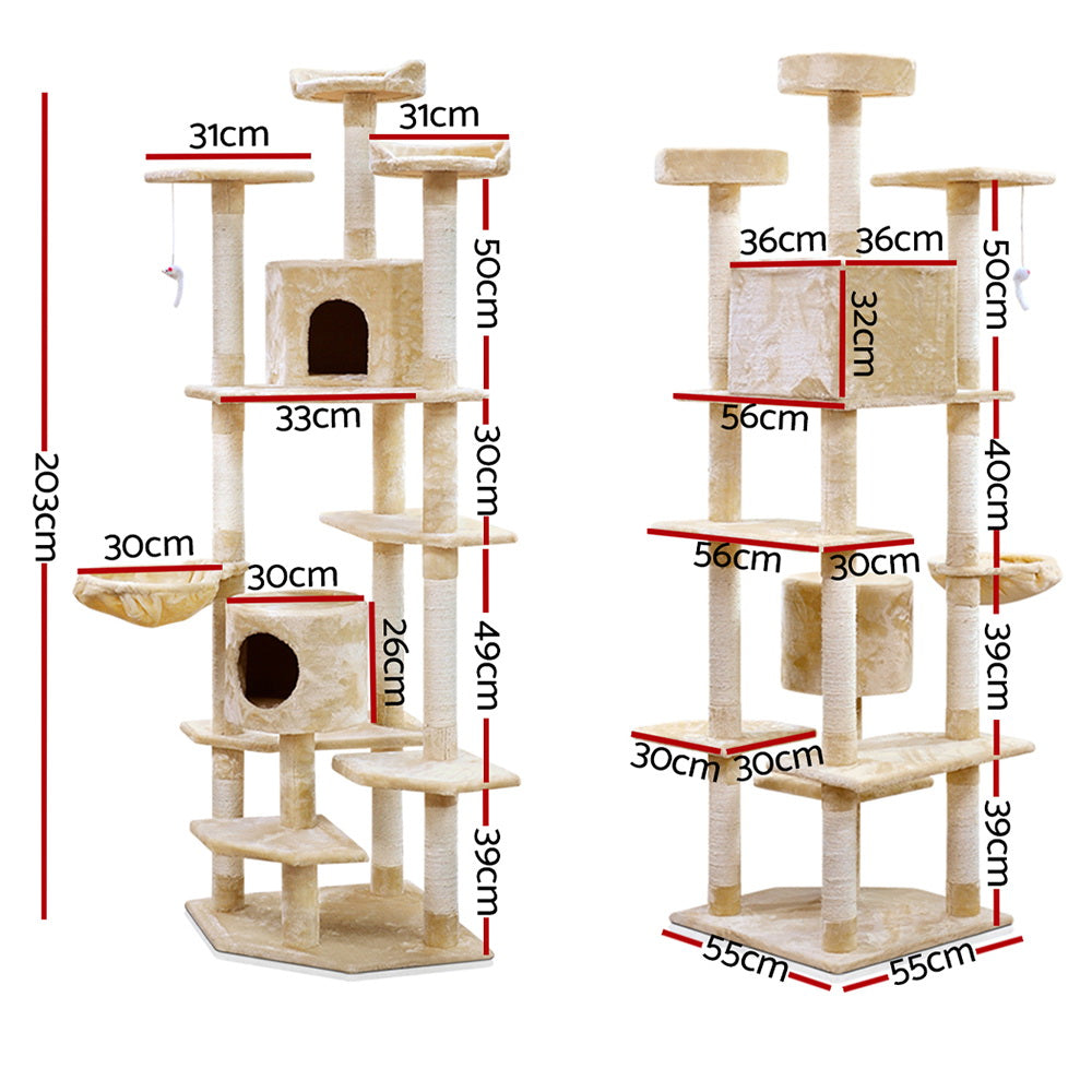 i.Pet Cat Tree 203cm Tower Scratching Post Scratcher Condo Trees House Bed Beige-Cat Trees-PEROZ Accessories