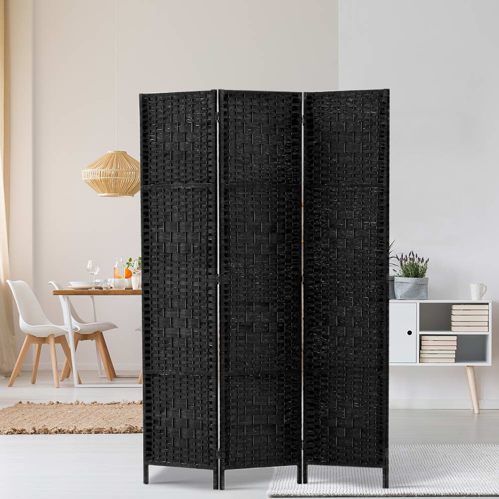 Artiss 3 Panel Room Divider Screen 123x170cm Woven Black-Furniture &gt; Bedroom &gt; Room Dividers-PEROZ Accessories