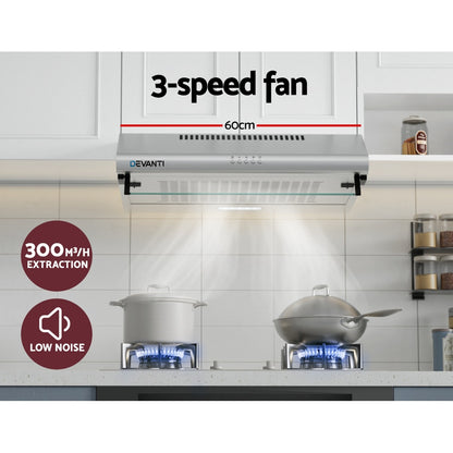 Devanti 600mm Range Hood 60cm Rangehood Kitchen Canopy LED Light Stainless Steel-Appliances &gt; Kitchen Appliances-PEROZ Accessories