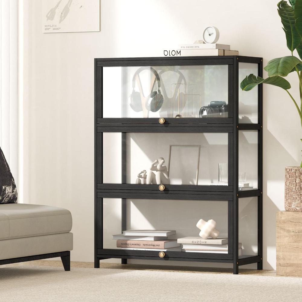 Oikiture Display Cabinet with 3 Tiers Shelves Clear Door Display Shelf Home Storage Cabinet Black-Storage Cabinet-PEROZ Accessories