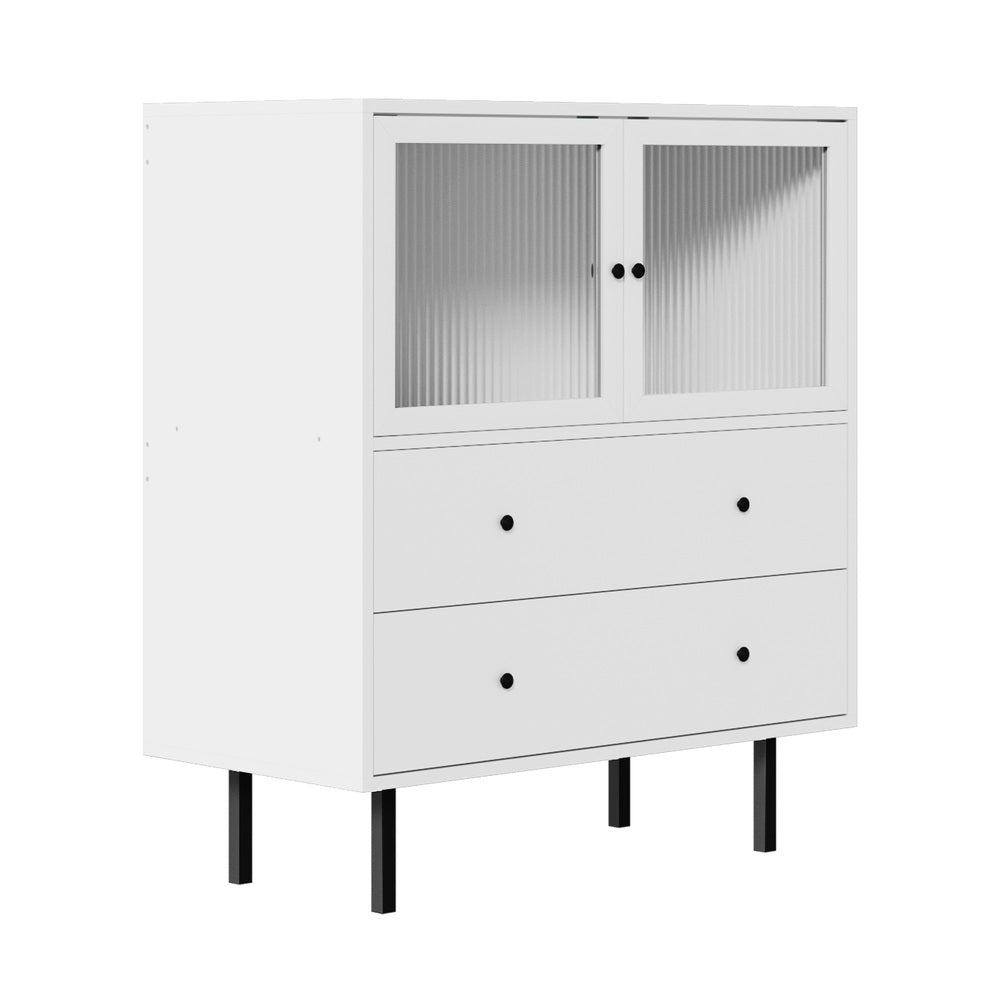 Oikiture Sideboard Tempered Glass Door 2 Drawers White-Sideboards-PEROZ Accessories