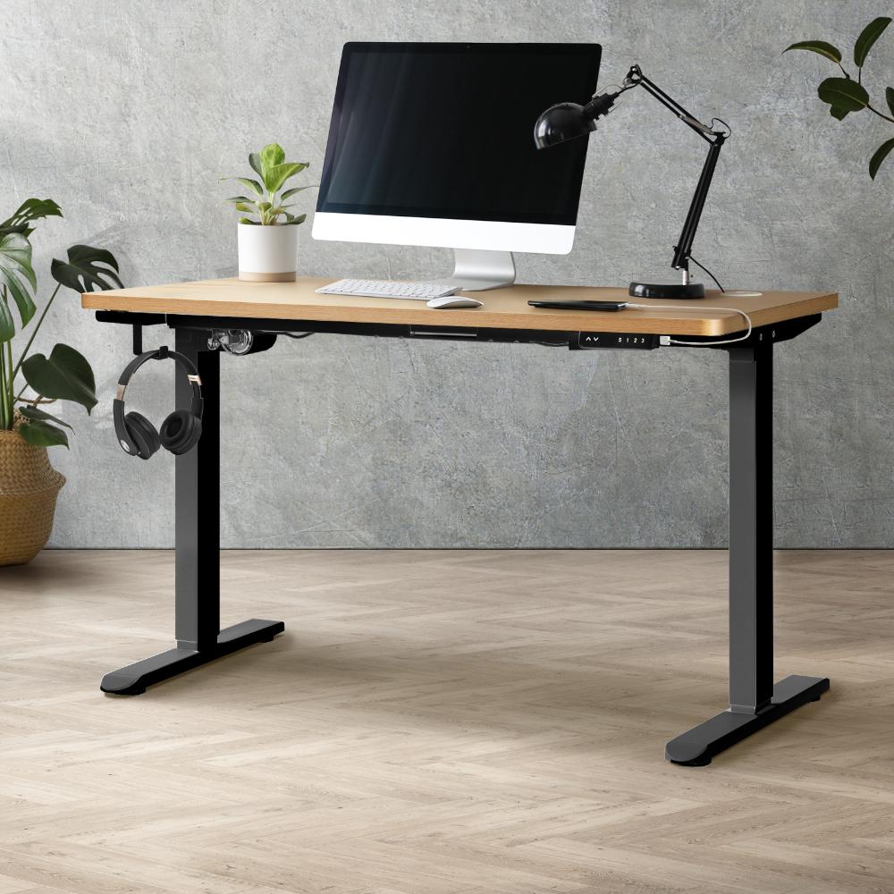 Oikiture Standing Desk Electric Height Adjustable Motorised Sit Stand Desk Rise - Black/Oak - 1200mm x 600mm-Standing Desks-PEROZ Accessories