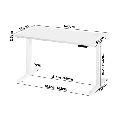 Oikiture Standing Desk Electric Height Adjustable Motorised Sit Stand Desk Rise - White/White - 1400mm x 700mm-Standing Desks-PEROZ Accessories