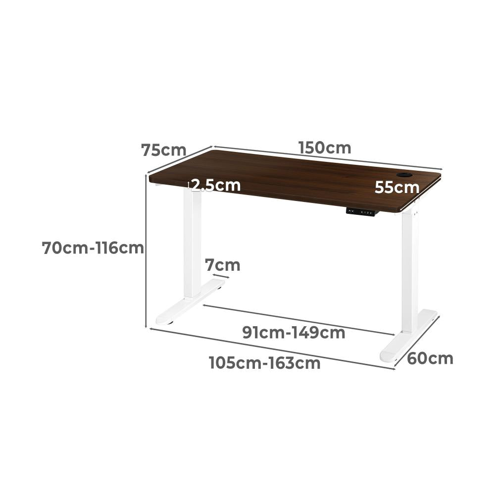 Oikiture Standing Desk Electric Height Adjustable Motorised Sit Stand Desk Rise - White/Walnut - 1500mm x 750mm-Standing Desks-PEROZ Accessories