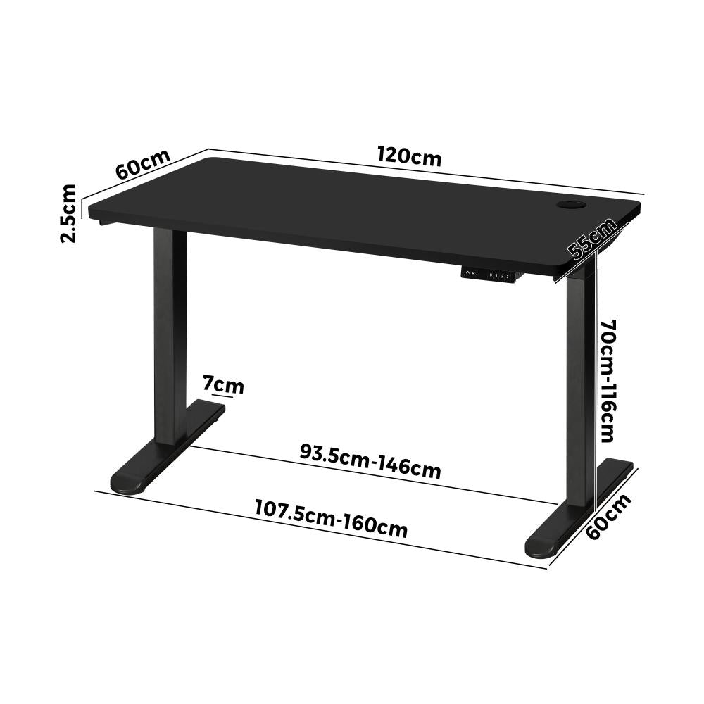 Oikiture Standing Desk Dual Motor Electric Height Adjustable Sit Stand Table - Black/Black - 1200mm x 600mm-Standing Desks-PEROZ Accessories