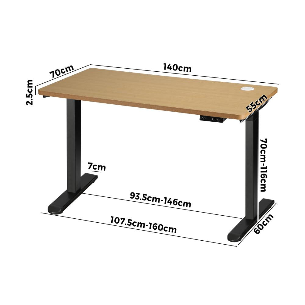 Oikiture Standing Desk Dual Motor Electric Height Adjustable Sit Stand Table - Black/Oak - 1400mm x 700mm-Standing Desks-PEROZ Accessories