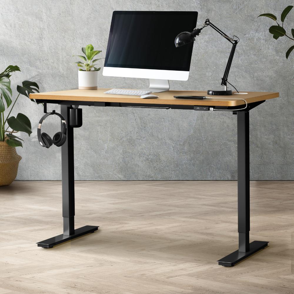 Oikiture Electric Standing Desk Single Motor Height Adjustable Sit Stand Table - Black/Oak - 1200mm x 600mm-Standing Desks-PEROZ Accessories