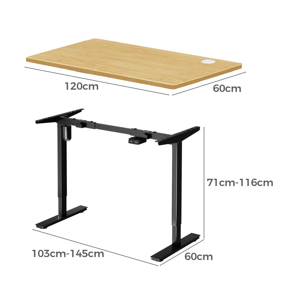 Oikiture Electric Standing Desk Single Motor Height Adjustable Sit Stand Table - Black/Oak - 1200mm x 600mm-Standing Desks-PEROZ Accessories