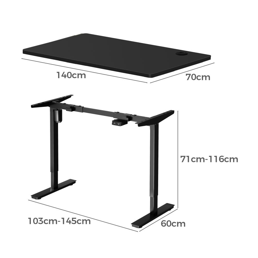 Oikiture Electric Standing Desk Single Motor Height Adjustable Sit Stand Table - Black/Black - 1400mm x 700mm-Standing Desks-PEROZ Accessories