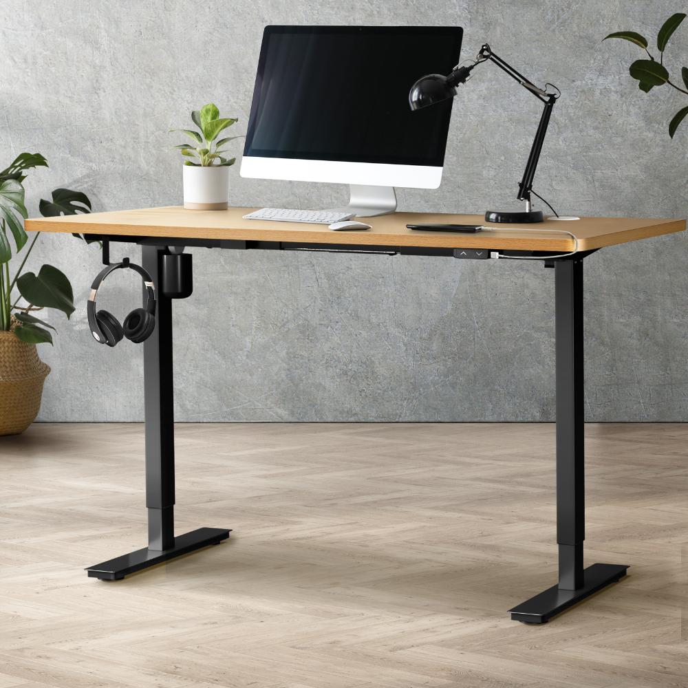 Oikiture Electric Standing Desk Single Motor Height Adjustable Sit Stand Table - Black/Oak - 1700mm x 750mm-Standing Desks-PEROZ Accessories