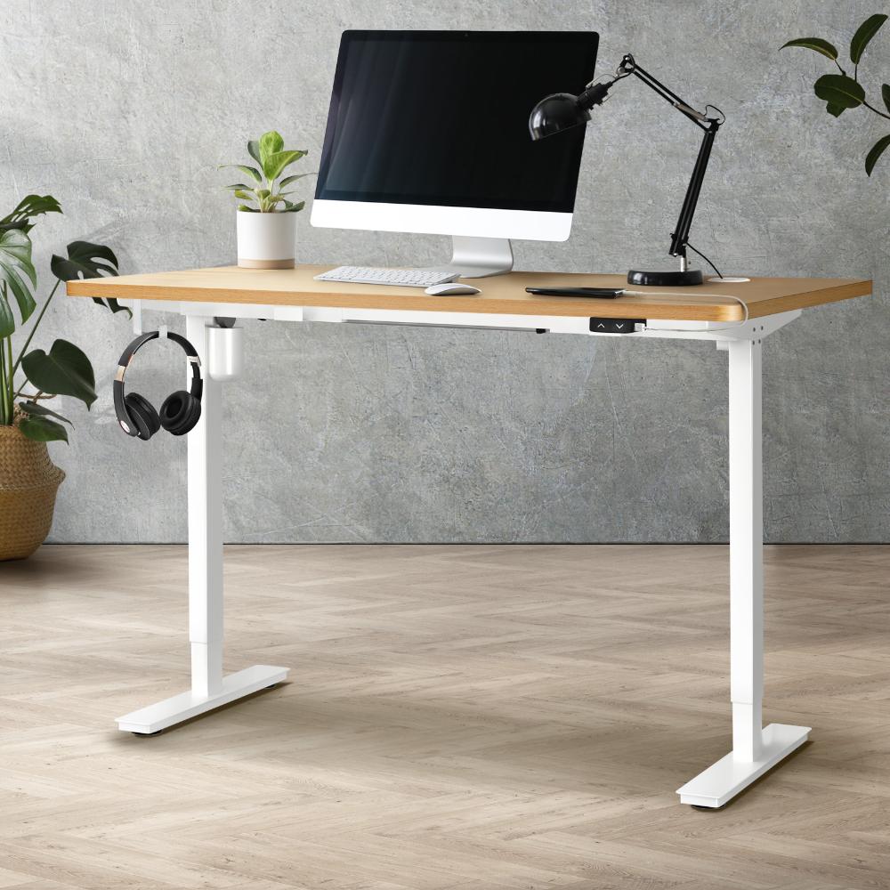 Oikiture Electric Standing Desk Single Motor Height Adjustable Sit Stand Table - White/Oak - 1400mm x 700mm-Standing Desks-PEROZ Accessories