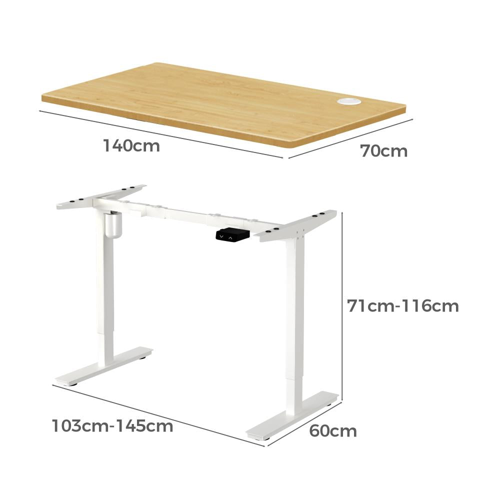 Oikiture Electric Standing Desk Single Motor Height Adjustable Sit Stand Table - White/Oak - 1400mm x 700mm-Standing Desks-PEROZ Accessories