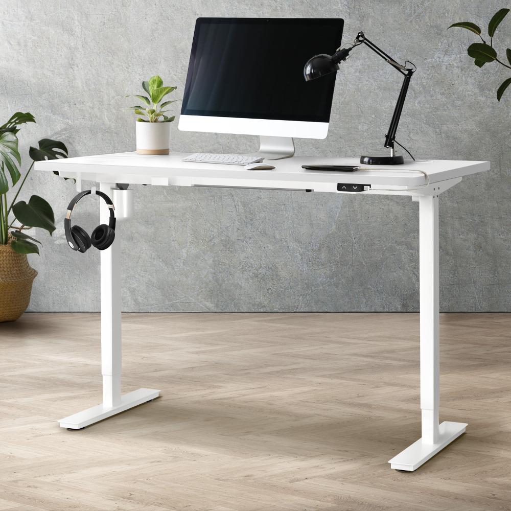 Oikiture Electric Standing Desk Single Motor Height Adjustable Sit Stand Table - White/White - 1400mm x 700mm-Standing Desks-PEROZ Accessories