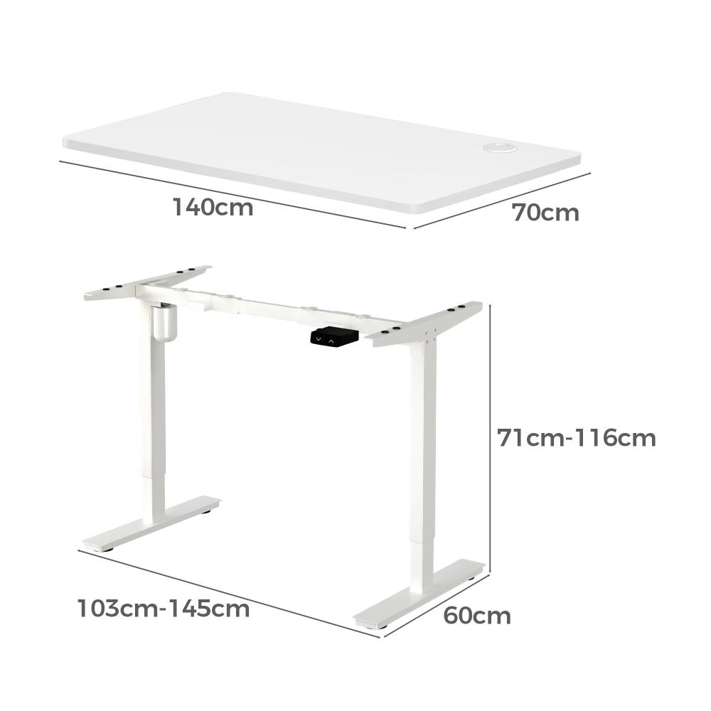 Oikiture Electric Standing Desk Single Motor Height Adjustable Sit Stand Table - White/White - 1400mm x 700mm-Standing Desks-PEROZ Accessories