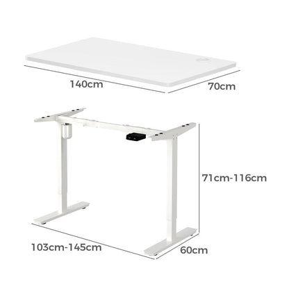 Oikiture Electric Standing Desk Single Motor Height Adjustable Sit Stand Table - White/White - 1400mm x 700mm-Standing Desks-PEROZ Accessories