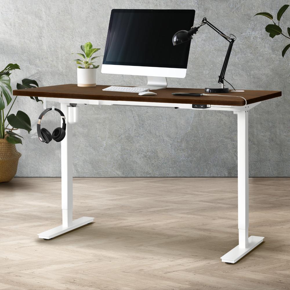 Oikiture Electric Standing Desk Single Motor Height Adjustable Sit Stand Table - White/Walnut - 1700mm x 750mm-Standing Desks-PEROZ Accessories