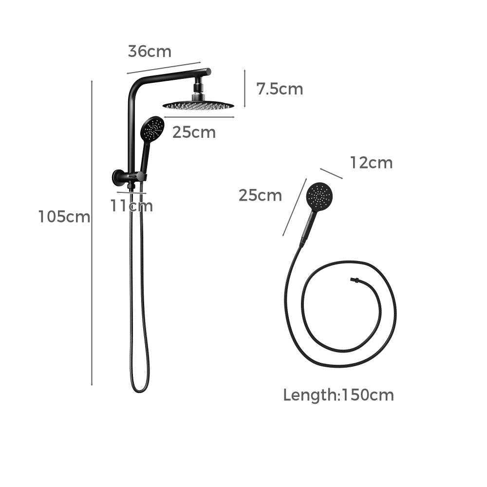 Welba 10&quot; Rain Shower Head Set Round 3-Mode Handheld Shower Gooseneck Black-Shower Heads-PEROZ Accessories