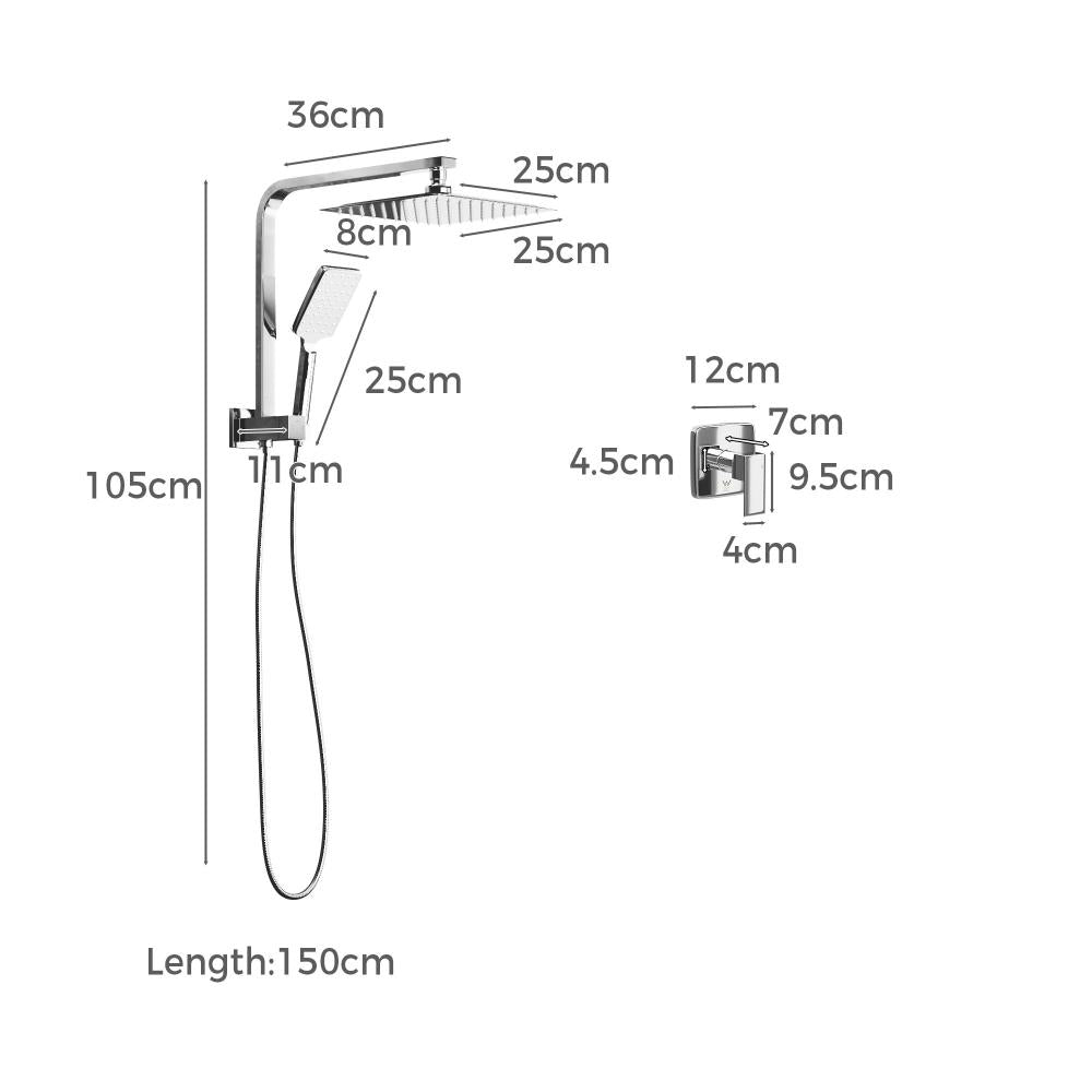 Welba 10&quot; Rain Shower Head Set With Mixer Square 3-Mode Handheld Shower Chrome-Shower Heads-PEROZ Accessories