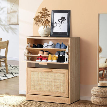 Oikiture Shoe Cabinet Storage 2 Doors Shoes Rack Organiser Rattan Shelf 30 Pairs-Shoe Storage Cabinet-PEROZ Accessories