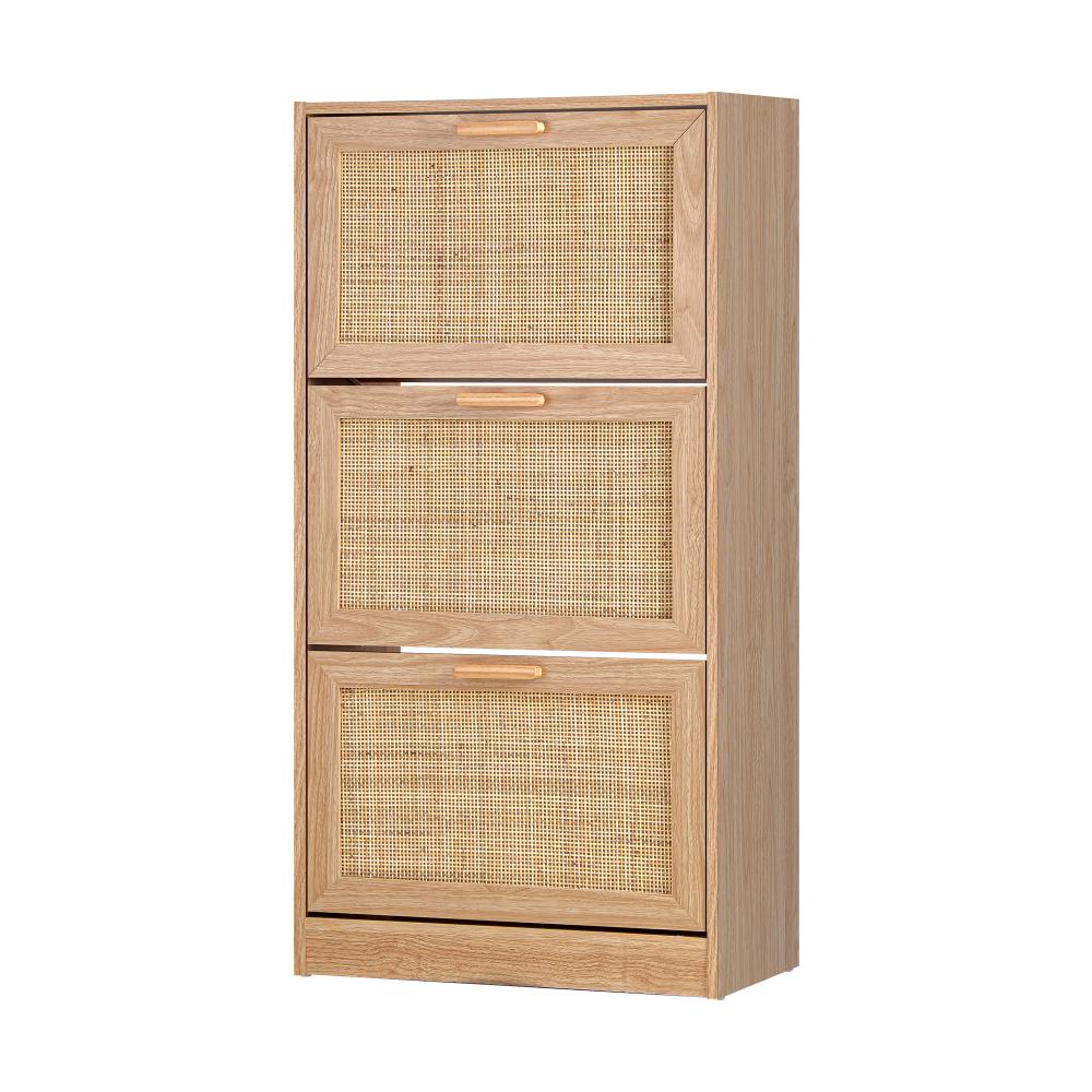 Oikiture Shoe Cabinet Storage 3 Doors Shoes Rack Organiser Rattan Shelf 45 Pairs-Shoe Storage Cabinet-PEROZ Accessories