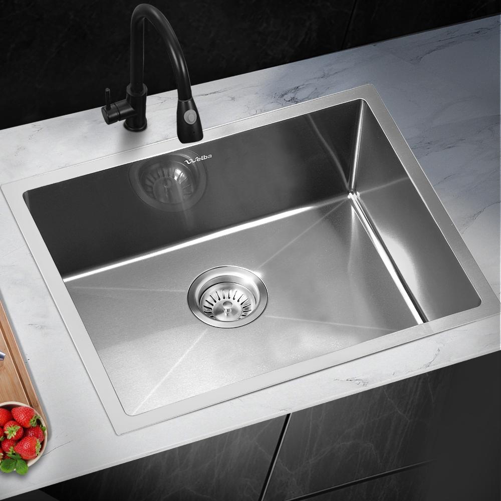 Welba 458X44CM Stainless Steel Sink Single Bowl with Waste Silver-Stainless Steel Sink-PEROZ Accessories