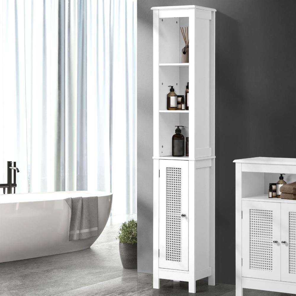 Oikiture Bathroom Cabinet Storage Laundry Tall Slim Cupboard Rattan Door White-Bathroom Cabinet-PEROZ Accessories