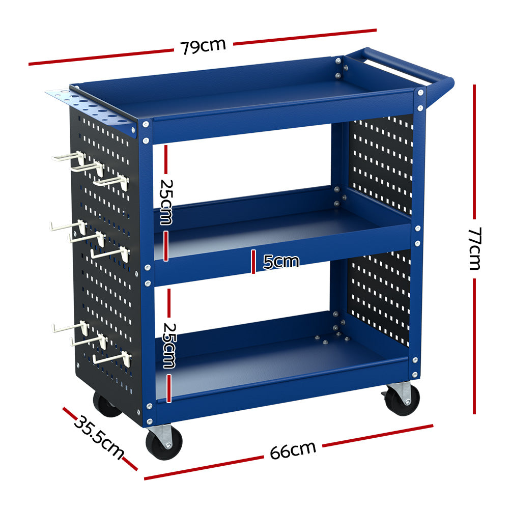 Giantz 3-Tier Tool Cart Storage Trolley Workshop Garage Pegboard Hooks Blue-Tools &gt; Tools Storage &gt; Utility Trolleys-PEROZ Accessories