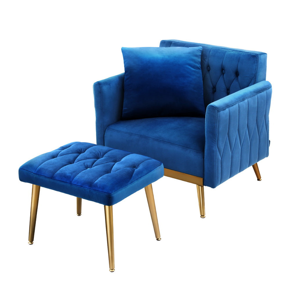 Artiss Armchair Ottoman Accent Chair Pillow Velvet Blue-Furniture &gt; Bar Stools &amp; Chairs &gt; Arm Chairs &amp; Recliners-PEROZ Accessories